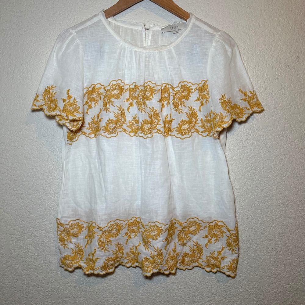 Loft Womens S Top Short Sleeve Yellow‎ Floral Embroidered Linen Beach Boho Light